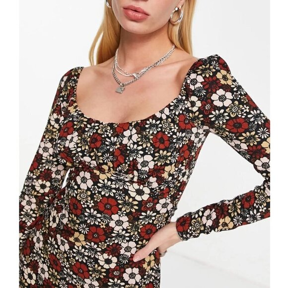 Topshop Sz 4 '70s Floral Long Sleeve A-Line Dress Hippie Boho Flower Child - Picture 2 of 10